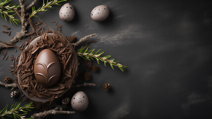 Black Background adorned with a chocolate easter egg in a nest and white easter eggs 