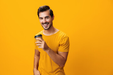 Happy man hipster drink hot energy tea paper cup coffee studio mug t-shirt