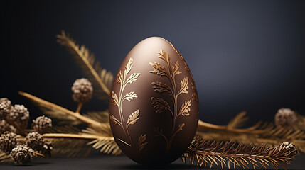 Luxurious chocolate egg featuring exquisite golden textures, set against a sleek black background...