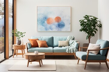 Blue and orange living room interior with sofa, coffee table, rug, plant, and artwork