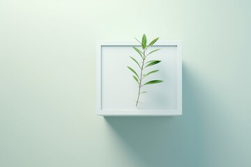 A 3D rendering of a plant growing inside a white frame against a pale green background.