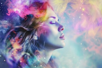 beautiful fantasy abstract portrait of a beautiful woman double exposure with a colorful digital paint splash or space nebula