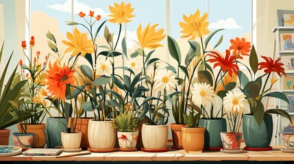 An illustration of a variety of flowers in pots placed on a table near a window - obrazy, fototapety, plakaty