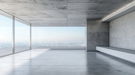 Modern empty interior with floor, concrete wall and panoramic window