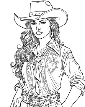 50  s Wild West style cowgirl coloring book page , white background