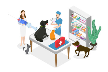 3D Isometric Flat  Conceptual Illustration of Pet Vaccination, Vet Clinic or Hospital