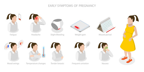 3D Isometric Flat  Conceptual Illustration of Early Symptoms Of Pregnancy, Pregnant Female Conditions - obrazy, fototapety, plakaty