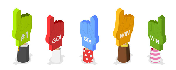 3D Isometric Flat  Set of Colorful Foam Hands, Sports Paraphernalia Fun Items
