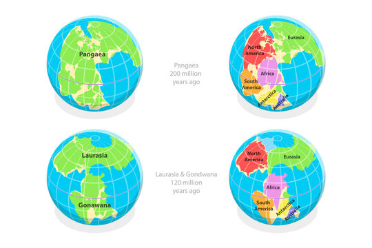 3D Isometric Flat  Conceptual Illustration of Paleozoic And Mesozoic Eras, Continental Drift