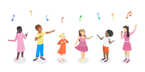 3D Isometric Flat  Set of Singing Children , Music School Students