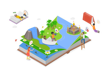 3D Isometric Flat  Conceptual Illustration of Children Literature, Fantasy, Adventures and Imagination