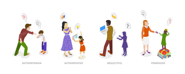 3D Isometric Flat  Conceptual Illustration of Parenting Styles, Different Children Raising Methods