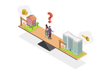 3D Isometric Flat  Conceptual Illustration of Buying Vs Renting Property, Advantages and Disadvantages