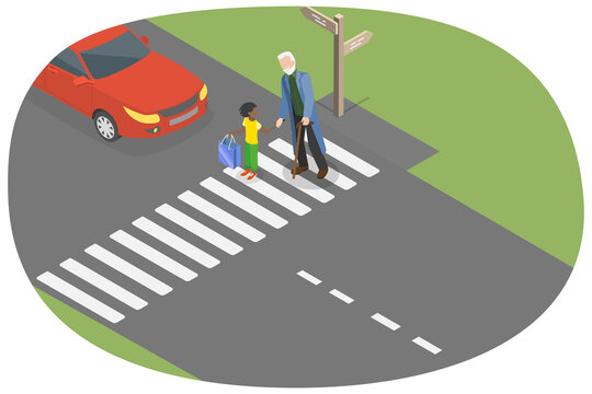 3D Isometric Flat Conceptual Illustration of Good Manners, Polite Girl Taking Care of Senior