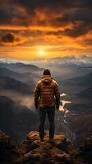 Fototapeta premium Man standing on a cliff overlooking a valley at sunset