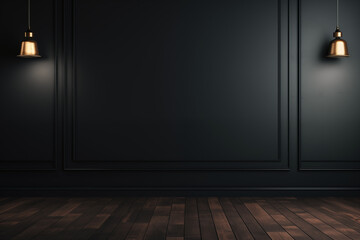 Fond composé d'un mur noir, espace vide de composition, avec lumière et ombre. Ambiance calme, sombre, luxe. Arrière-plan pour conception et création graphique.	 - obrazy, fototapety, plakaty