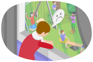 3D Isometric Flat  Conceptual Illustration of Staying At Home, Alone Sad Little Boy Sitting at the Window