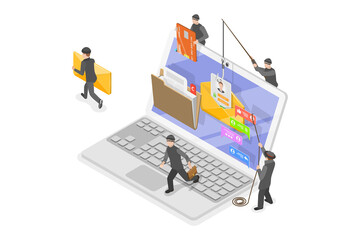 3D Isometric Flat  Conceptual Illustration of Cyber Burglars, Hackers Aattacking Computer