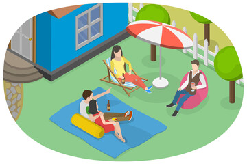 3D Isometric Flat  Conceptual Illustration of Backyard Party, Summer Picnic and Outdoors Recreation