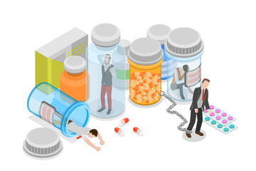 3D Isometric Flat  Conceptual Illustration of Drug Misuse, Society Addiction Problem