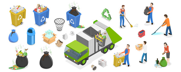 3D Isometric Flat  Set of Cleaners Characters, Gargabe and Trash Containters - obrazy, fototapety, plakaty