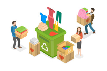 3D Isometric Flat  Conceptual Illustration of Recycling Clothes, Garment Reuse