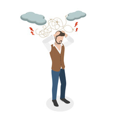 3D Isometric Flat  Conceptual Illustration of Nervous Problems, Anxiety, Crisis and Exhaustion
