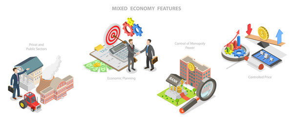 3D Isometric Flat  Conceptual Illustration of Mixed Economy Features, Public and Private Sectors