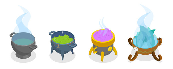 3D Isometric Flat  Set of Boiling Cauldrons, Making Magic Potions