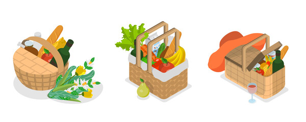 3D Isometric Flat  Set of Picnic Baskets , Food in Wicker Crates