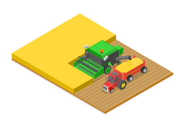 3D Isometric Flat  Conceptual Illustration of Combine Harvester, Agriculture Machinery