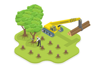 3D Isometric Flat  Conceptual Illustration of Deforestation, Chopping Forest, Destruction of Wood