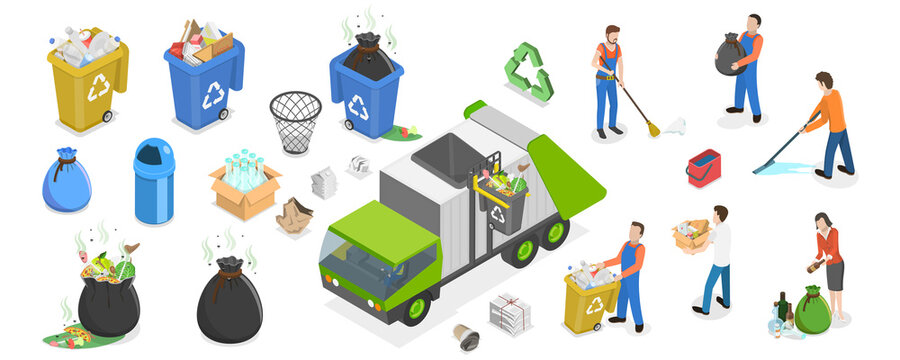 3D Isometric Flat  Set of Cleaners Characters, Gargabe and Trash Containters