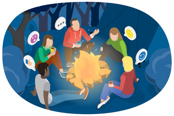 3D Isometric Flat  Conceptual Illustration of Campfire Story, Camping and Storytelling