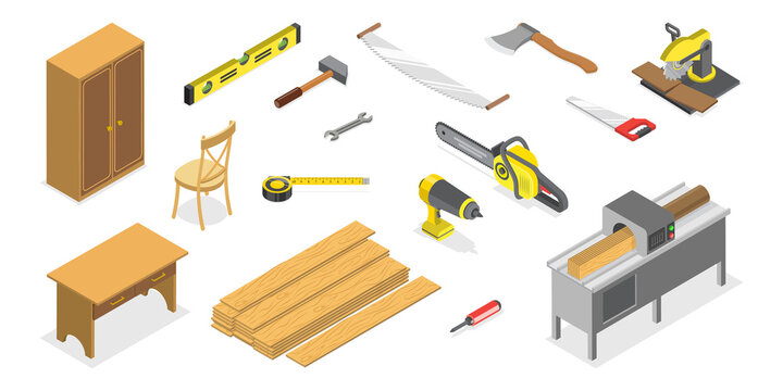 3D Isometric Flat  Set of Carpentry Items, Woodwork Studio