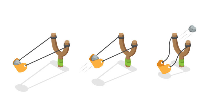 3D Isometric Flat  Set of Slingshot Animation Shots, Wooden Handle and Rubber Band