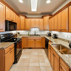 Amazing kitchen room with honey colored cabinets.