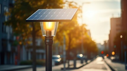 Detailed view of a solar panel streetlight, showcasing the blending of renewable energy with everyday infrastructure in an urban setting. - obrazy, fototapety, plakaty