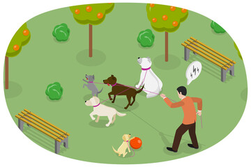 3D Isometric Flat  Conceptual Illustration of Walking with Dogs, Strolling with Pets on a Leash