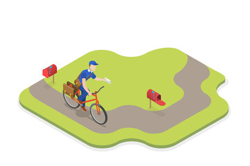 Fototapeta premium 3D Isometric Flat Conceptual Illustration of Mailman, Postman on the Bike