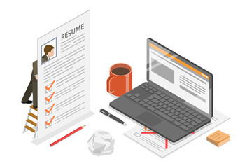 3D Isometric Flat  Conceptual Illustration of Working Profile For Hiring, CV or Resume