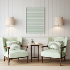 Modern Living Room Chairs Mint Green and Beige striped with Wood accent table Wall art Blank space