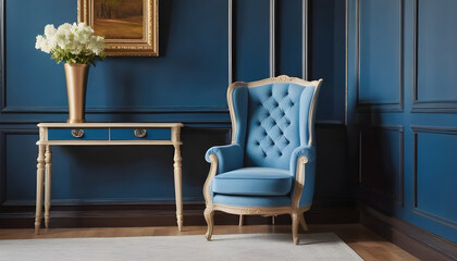 Blue classic armchair next to elegant cabinet in living room. 