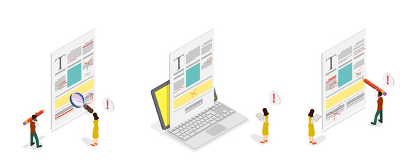 3D Isometric Flat  Conceptual Illustration of Proofreading and Copywriting, Spell Check
