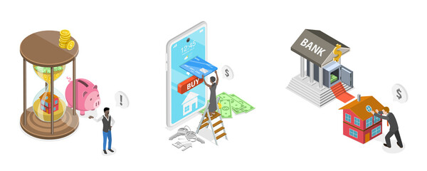 3D Isometric Flat  Conceptual Illustration of Real Estate Investment, Property Market