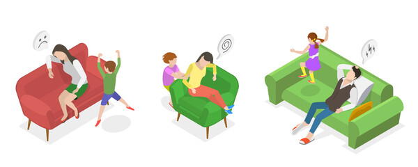 3D Isometric Flat  Conceptual Illustration of Depressed Tired Parents, Parenting Fatigue and Anxiety
