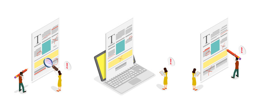 3D Isometric Flat  Conceptual Illustration of Proofreading and Copywriting, Spell Check