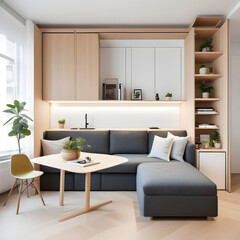 Compact and functional studio apartment with multifunctional furniture and smart storage solutions