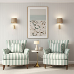 Modern Living Room Chairs Mint Green and Beige striped with Wood accent table Wall art Blank space