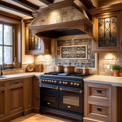 Interior design of Kitchen in Traditional style with Stove decorated with Wood, Stone, Glass, Metal, Ceramic material. Traditional architecture. 